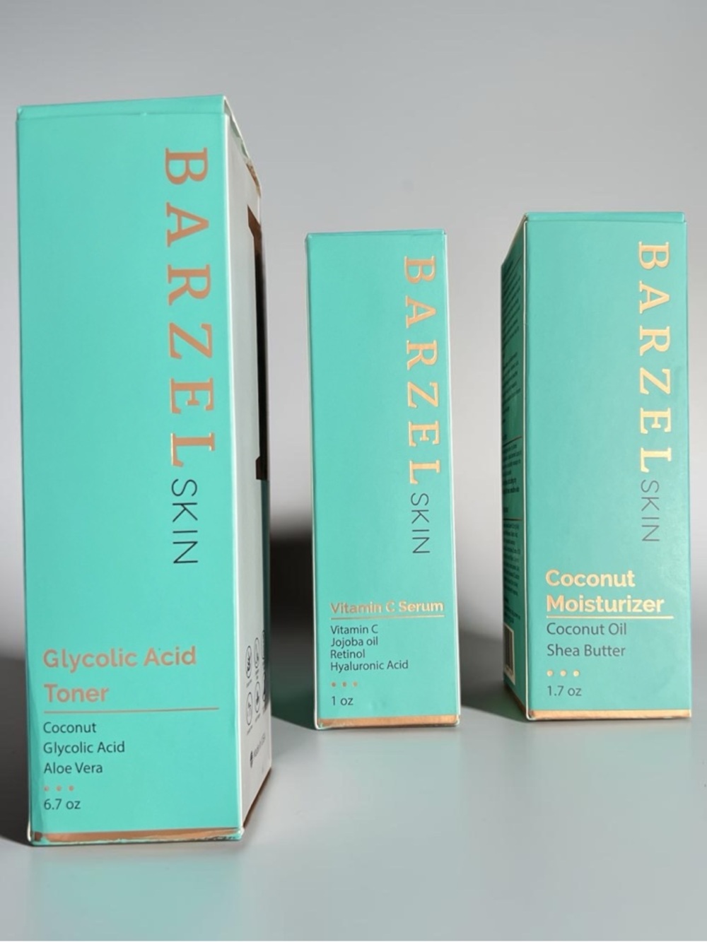 Barzel Skin Care 3pc.Set Glycolic Acid Toner, Vit. C Serum, Coconut Moisturizer